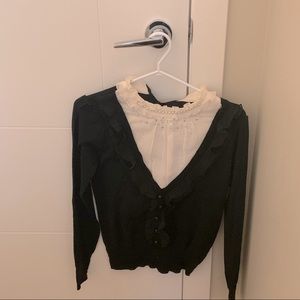 Fancy cardigan with lacy white under (with pearls to reenact a necklace)